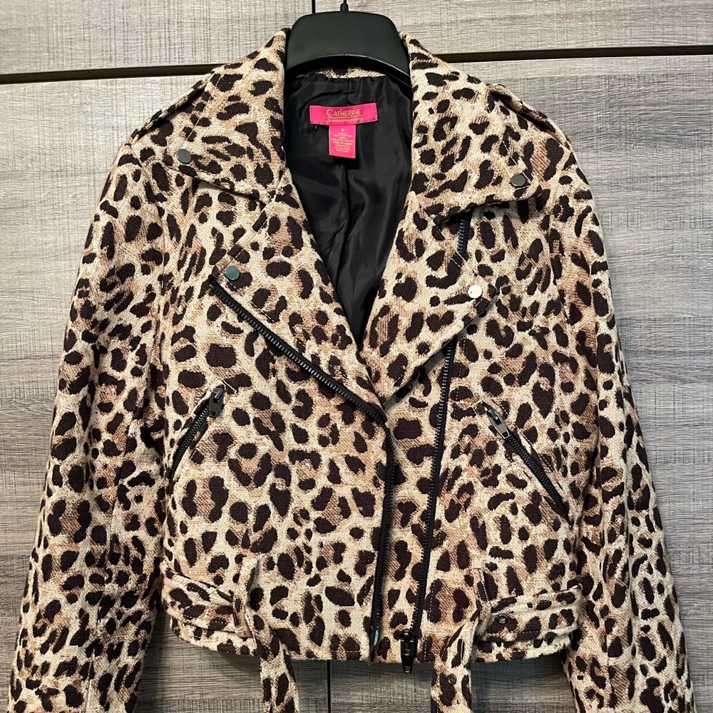 Catherine Malandrino Veruca Leopard Canvas Print Motorcycle Jacket